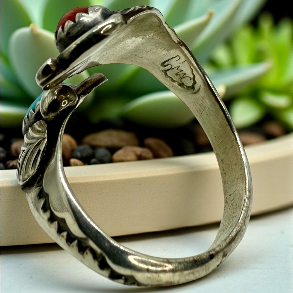 Native American Navajo Sterling Silver Turquoise & Coral Ring – Signed MAC-Leaf - Picture 5 of 17